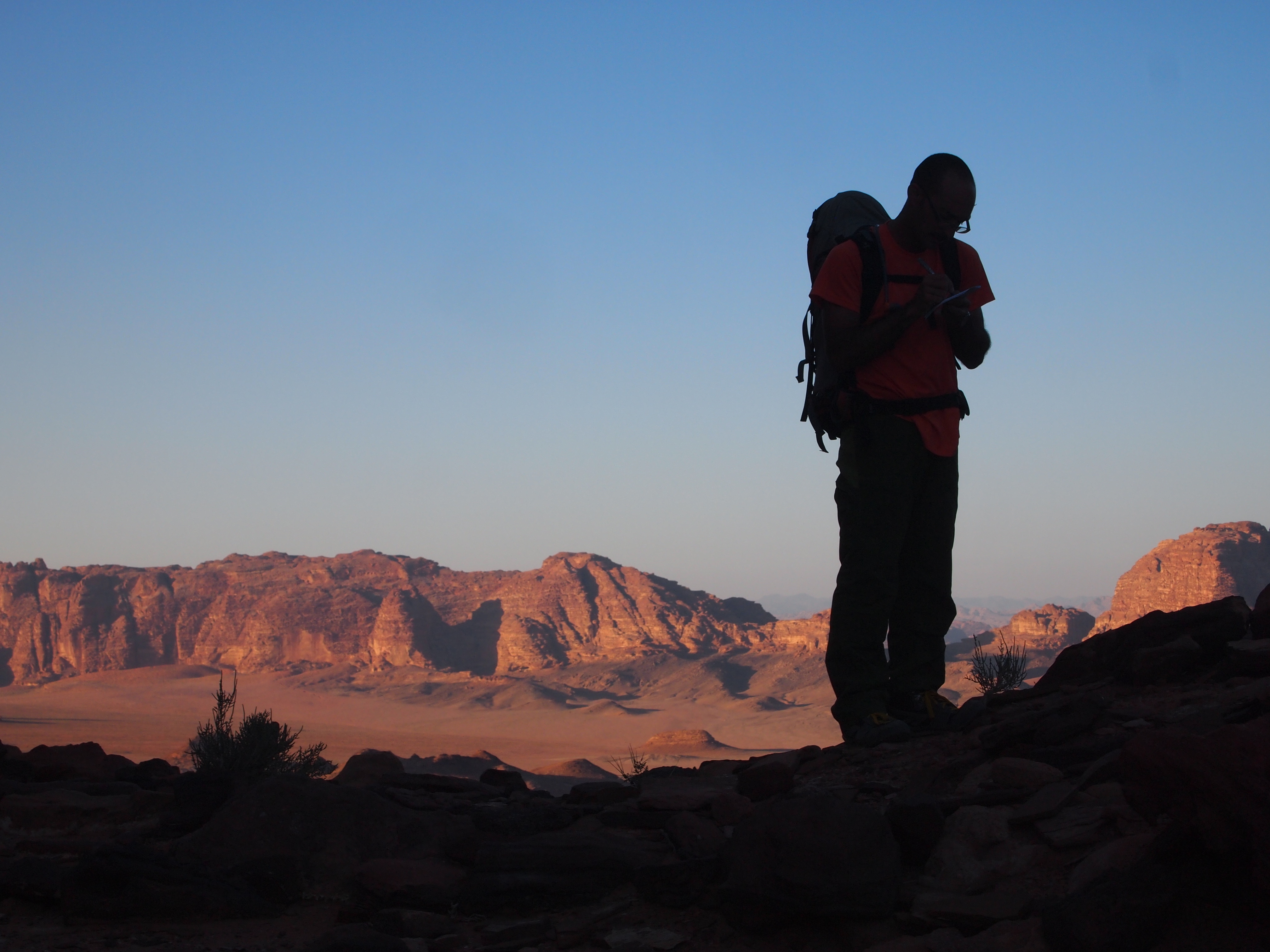 Taking notes on a prep trip, Wadi Rum, Jordan